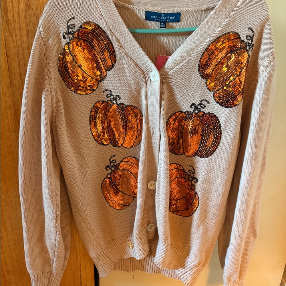 Simply Southern Beige Cardigan with Sequin Pumpkins